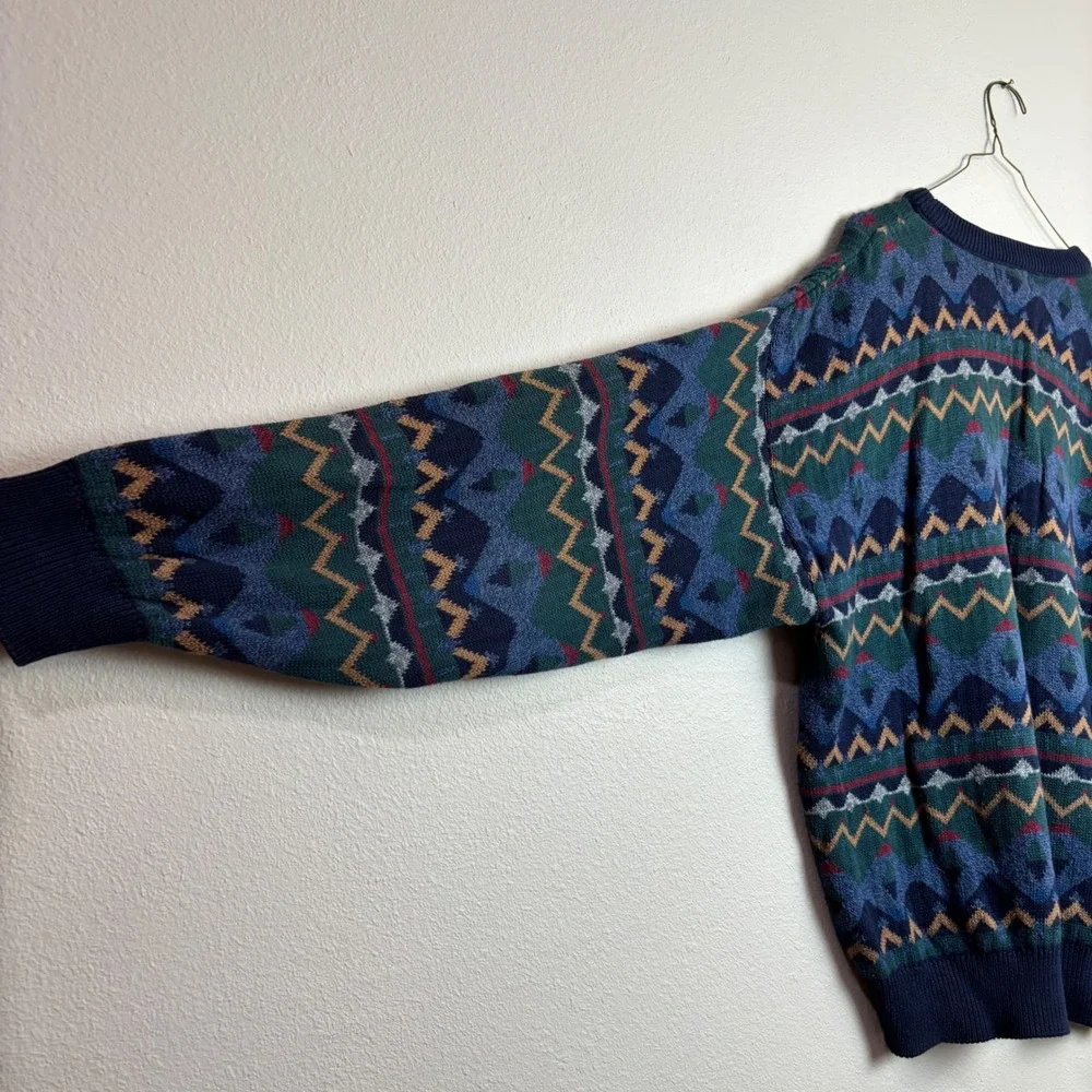 Vintage Mens Large L Cotton Geometric Knit Sweater USA Grandpa Eclectic‎ Blue